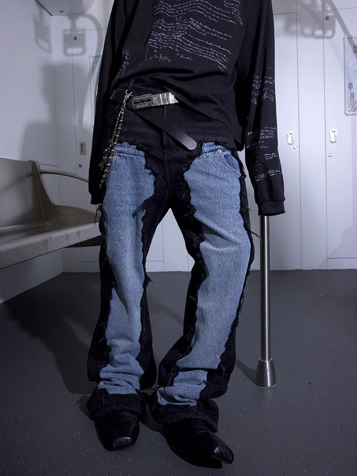 TRIANGLE PROJECT Deconstructed Patchwork Micro Flare Jeans in Black - On Model