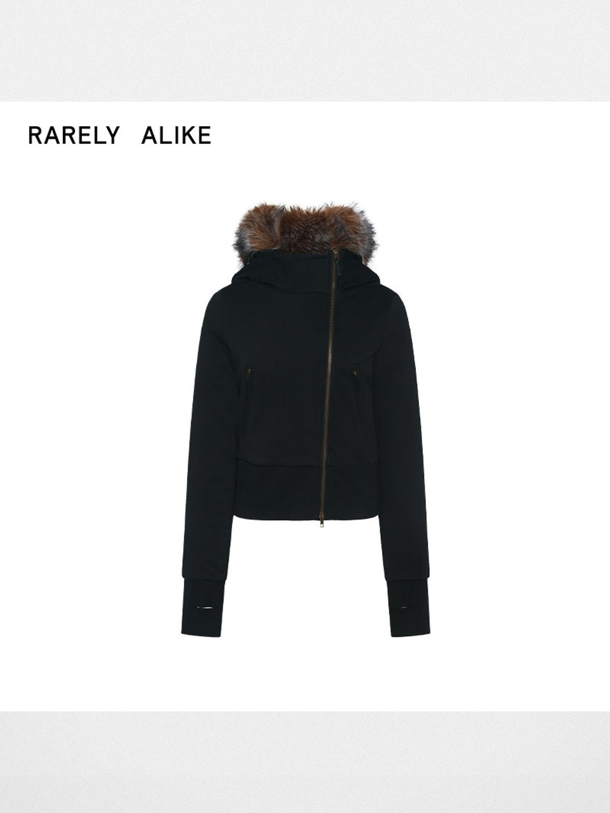 RARELY ALIKE Asymmetric Zip Hooded Jacket in Black