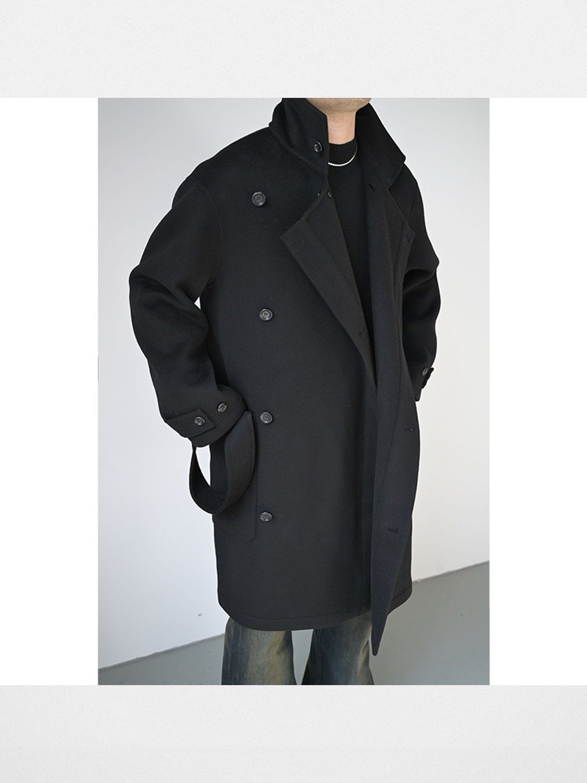Roolrren Homme Heavyweight Double Faced Wool Coat in Black - On Male Model