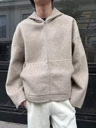 Triangle Project Wool Cashmere Hooded Zip Jacket in Oatmeal - On Male Model