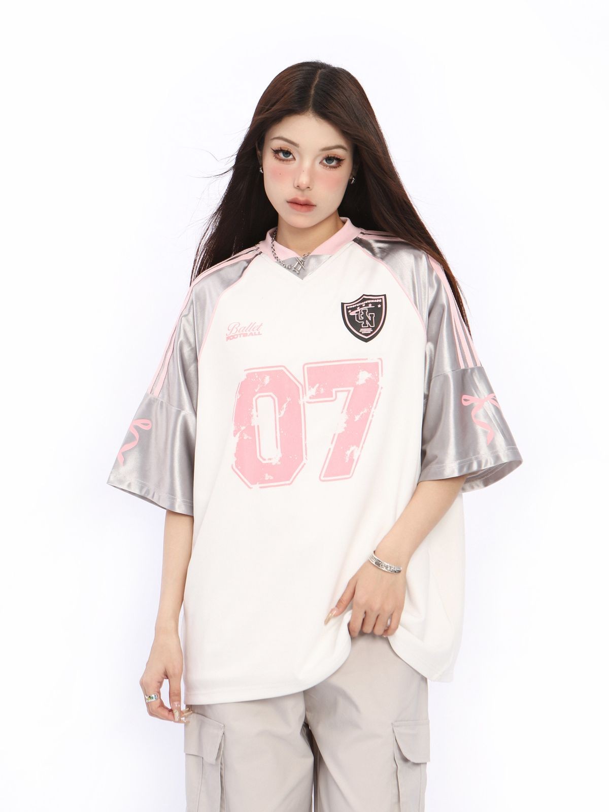 BIGGOLD STUDIO Raglan Sleeve V Neck Jersey in White - On Model #color_white