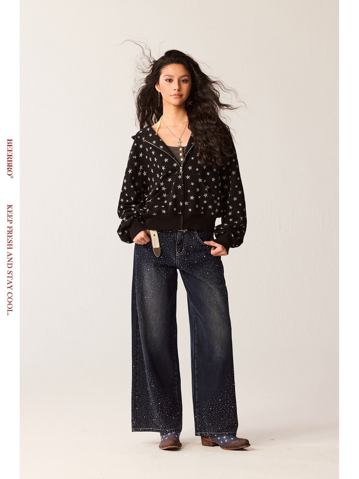 Beer Bro Allover Star Print Zip Up Hoodie in Black - On Model