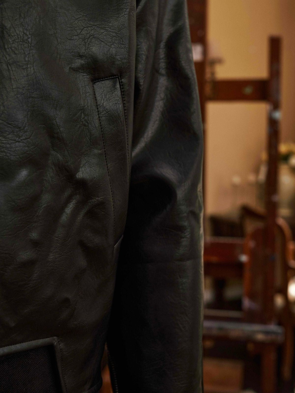 Retro 21 Padded Faux Leather Jacket in Black - Detail