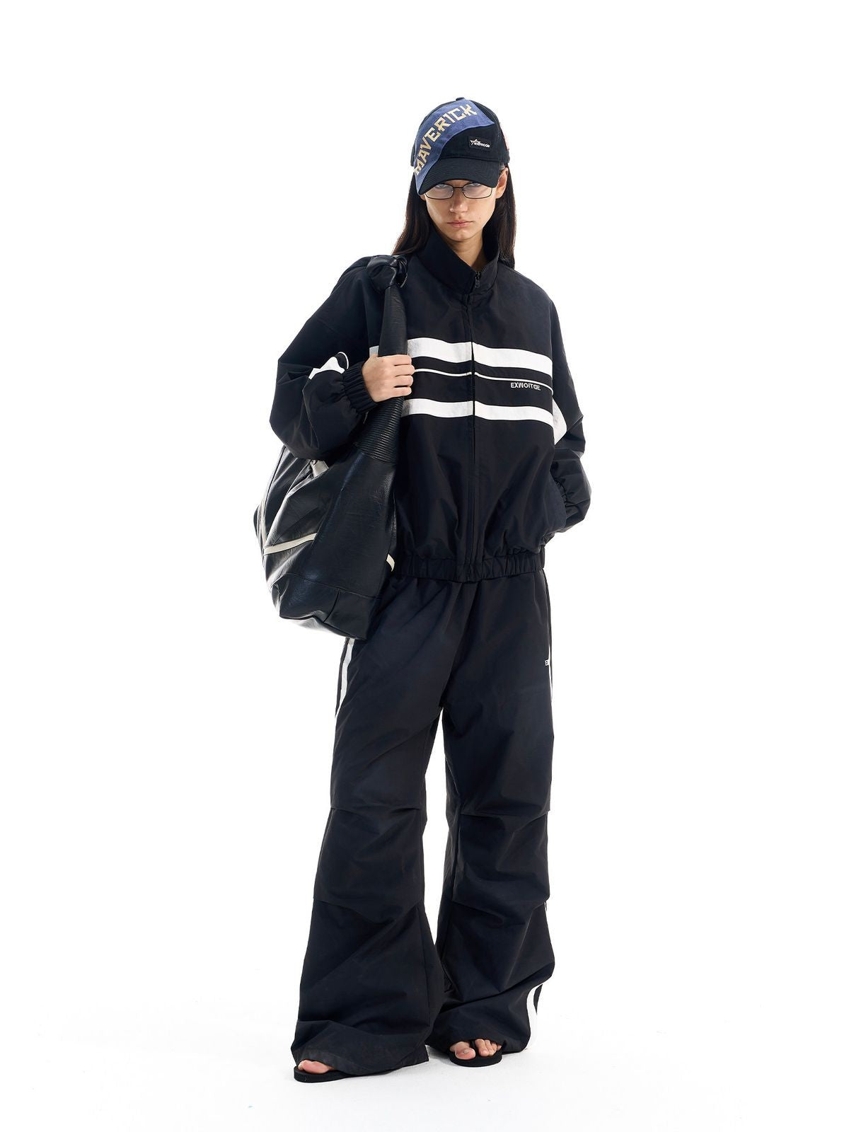 BLINDNOPLAN Distressed Color Block Track Jacket in Black - On Female Model