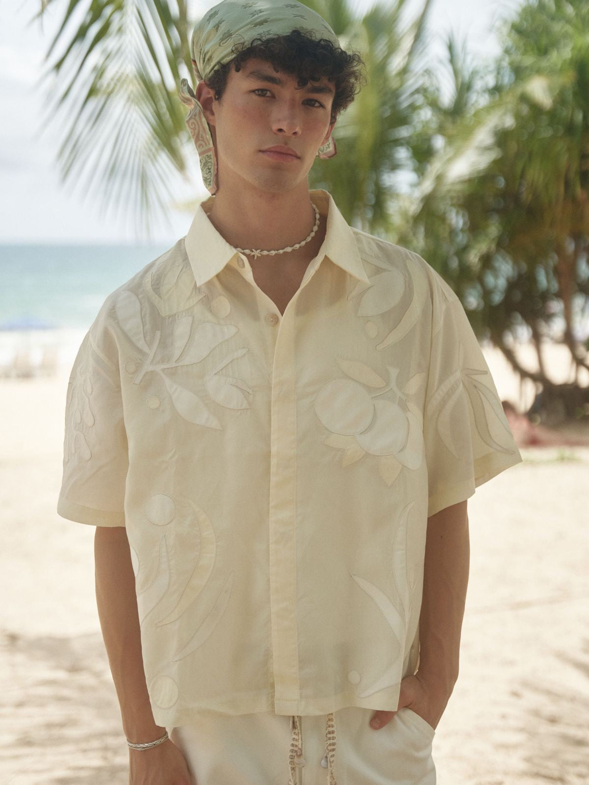 Retro 21 Appliqu Lyocell Camp Shirt in White - On Model