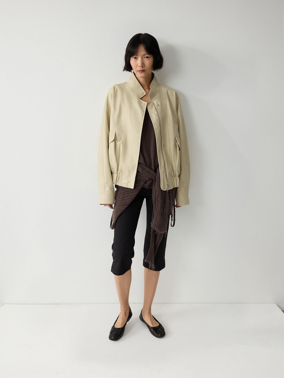 RandomPiece Micro Wrinkle Cropped Equestrian Pants in Black - On Model