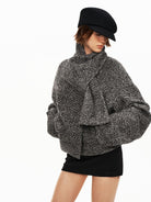 PUKI Snowflake Tweed Scarf Collar Jacket in Black - On Model