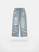 LOSTCTRL Double Layer Distressed Straight Jeans in Blue