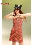 BeerBro Plaid Mesh Mini Dress in Brown - On Model