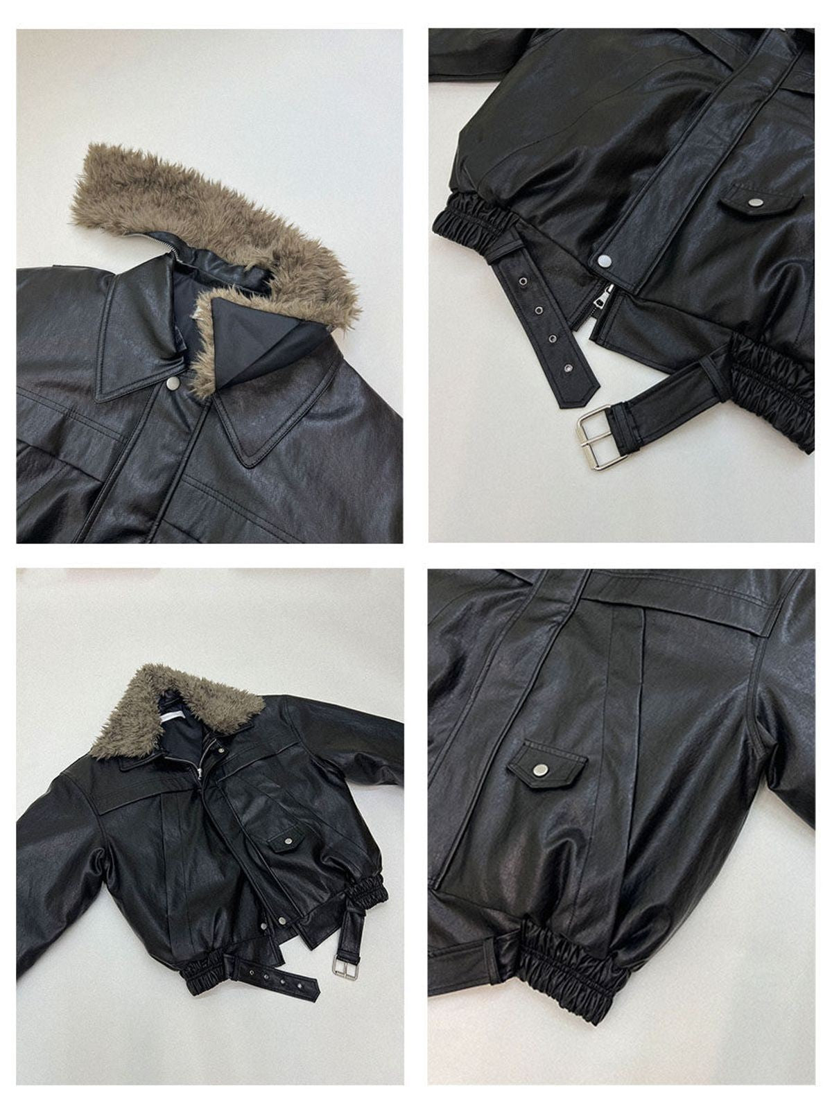 NeverSeez Fur Collar Faux Leather Down Jacket in Black