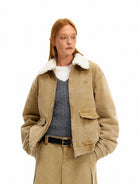 PUKI Sherpa Collar Washed Workwear Jacket in Khaki - On Model