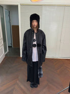 NeverSeez Mid Length Faux Leather Coat in Black - On Model