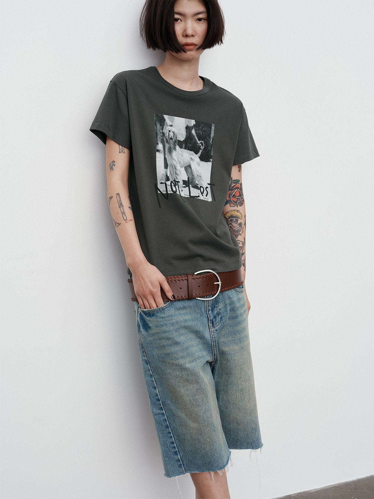 RandomPiece Dog Graphic Print T Shirt in Olive - On Model