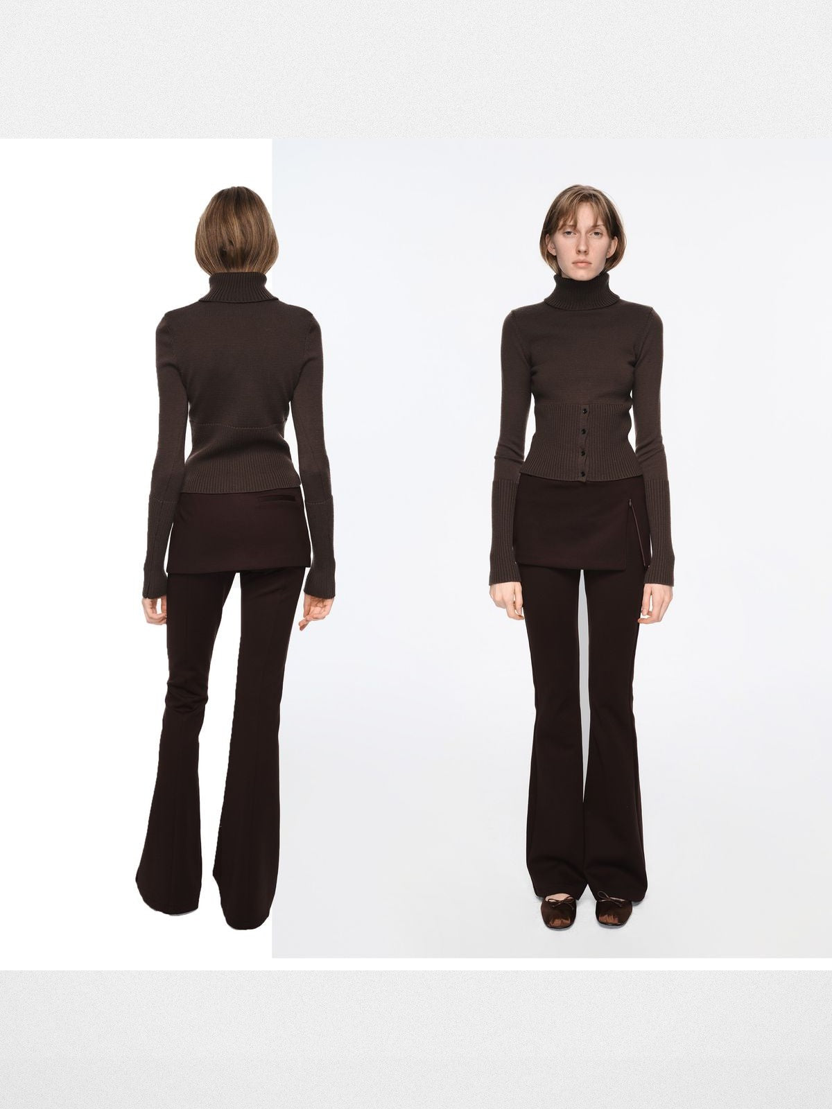 RARELY ALIKE Split Skirt Knit Flared Pants in Brown - On Model