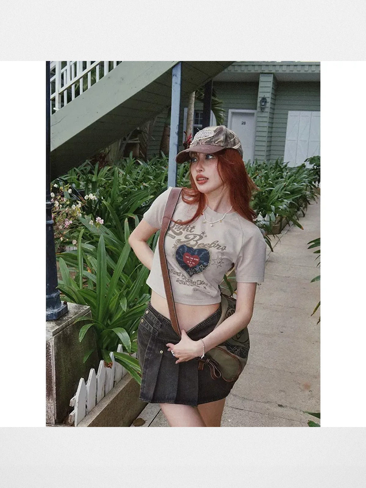 BeerBro Vinyl Print Cropped Baby Tee in Beige