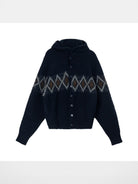 Simple Project Offset Argyle Hooded Cardigan in Navy Blue