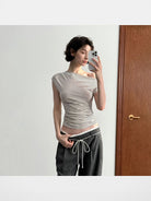 PUKI Asymmetric Ruched Lyocell Top in White - On Model