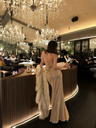 1S STUDIO Shimmer Lace Up Open Back Dress in Gold - On Model