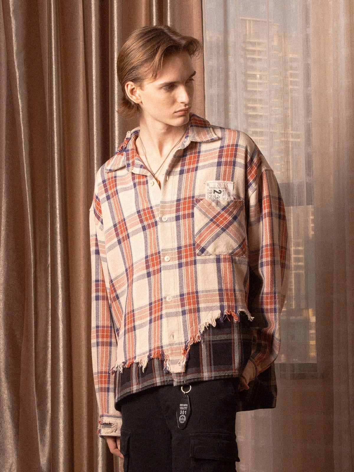 Sod Hand Distressed Plaid Shirt Jacket in White - On Male Model