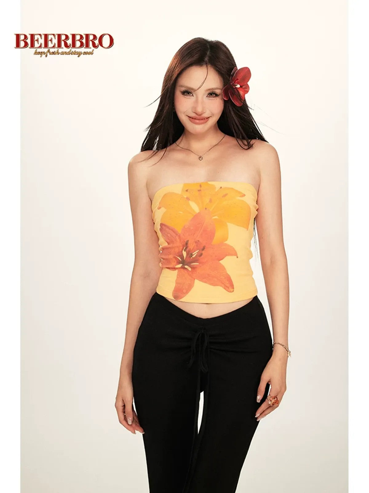 BeerBro Tropical Floral Print Tube Top in Yellow
