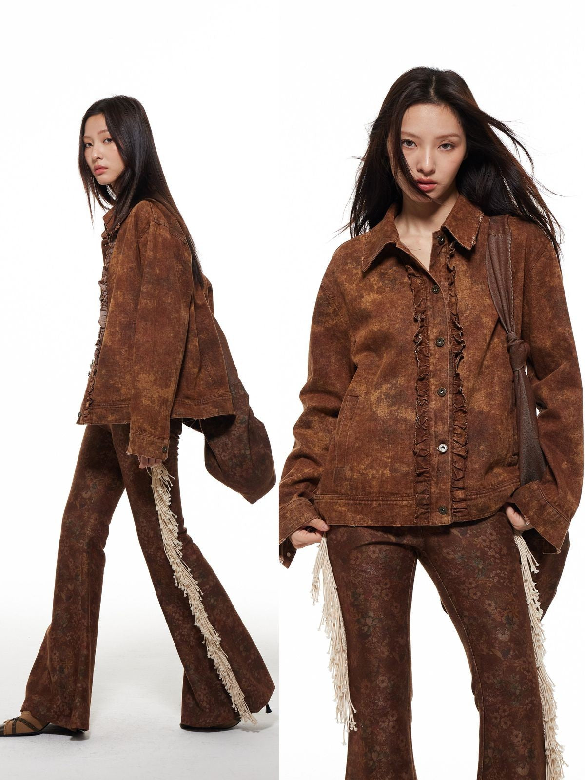 THELIGHT OFFICIAL Distressed Brown Ruffle Trim Jacket in Brown - On Model