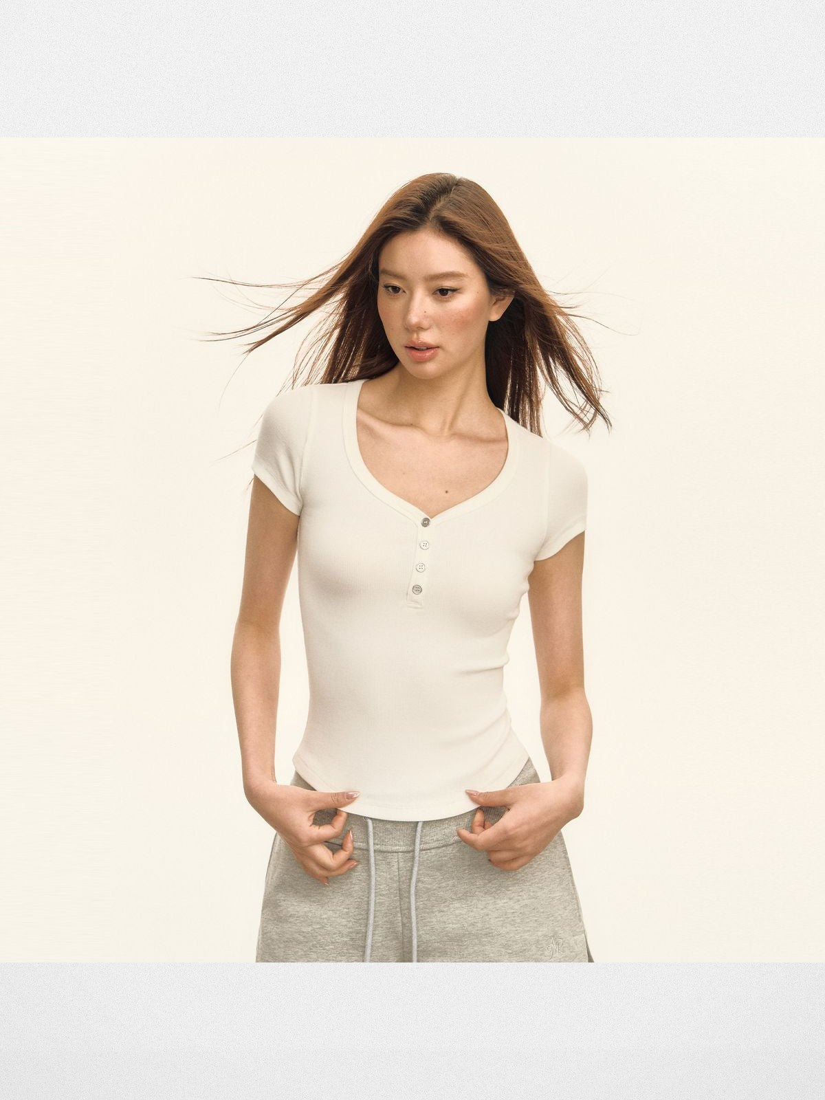 Ariseism Ribbed Knit Henley Tee in White - On Model