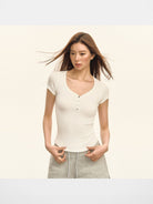 Ariseism Ribbed Knit Henley Tee in White - On Model