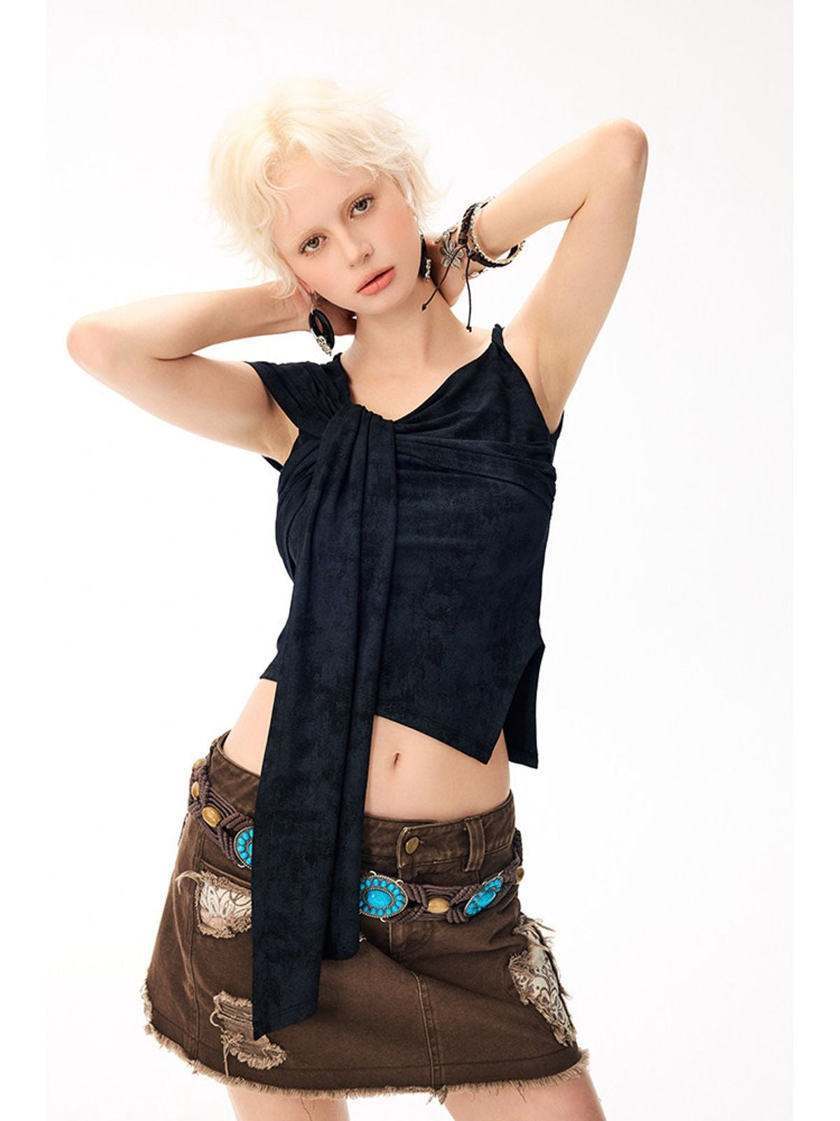 BeerBro Asymmetric Tie Front Off Shoulder Top in Black - On Model