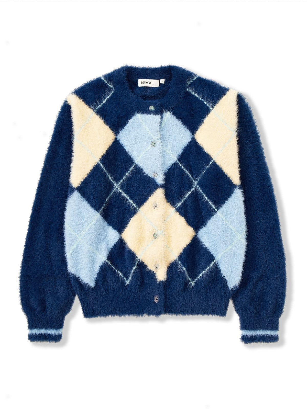 Retro 21 Faux Mink Argyle Cardigan in Blue