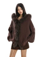 BIGGOLD STUDIO Fox Fur Trim Hooded Cardigan in Brown - On Model #color_brown