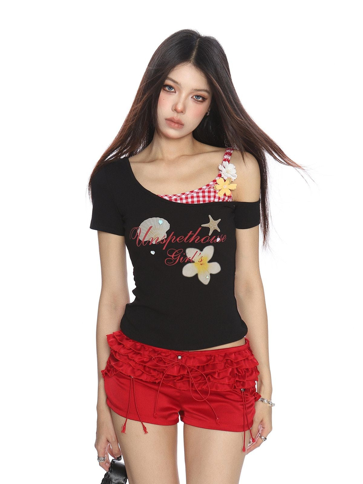 BIGGOLD STUDIO Faux Layered Plaid Strap Top in Black - On Model #color_black