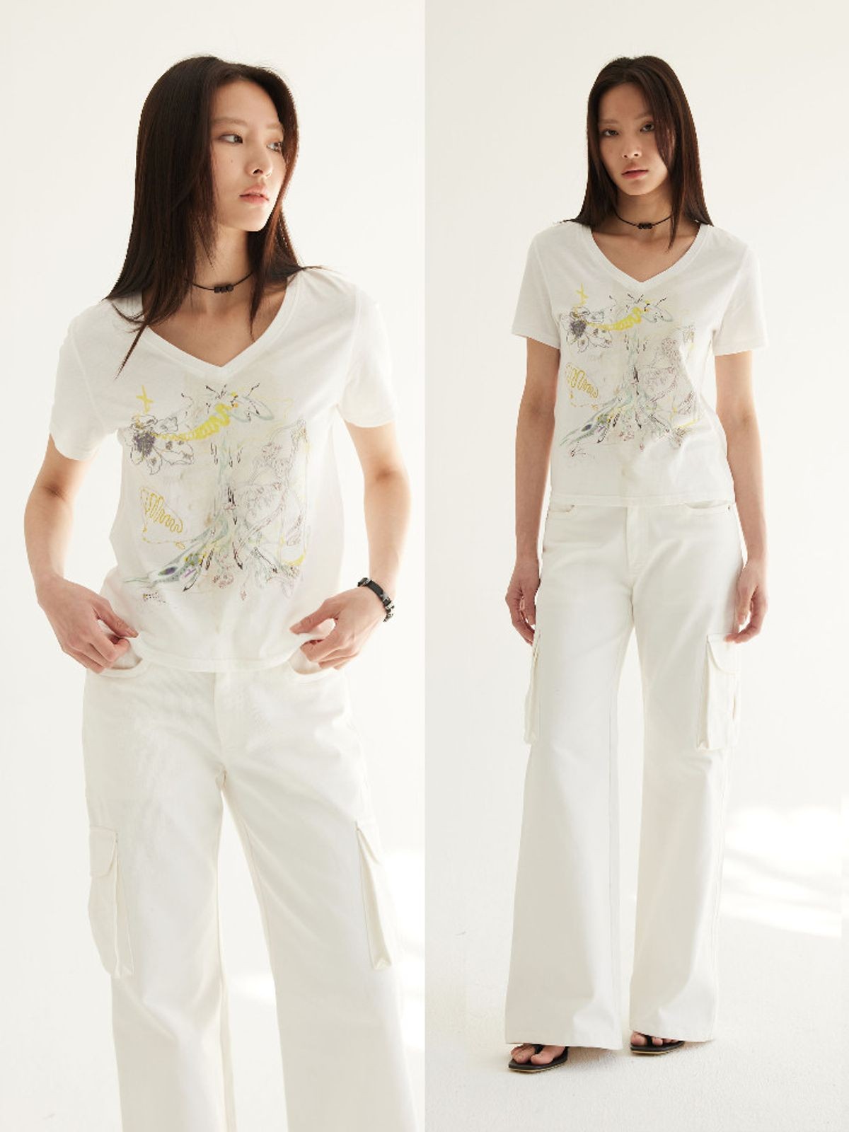 THELIGHT OFFICIAL Distressed Graphic V Neck T Shirt in White - On Model