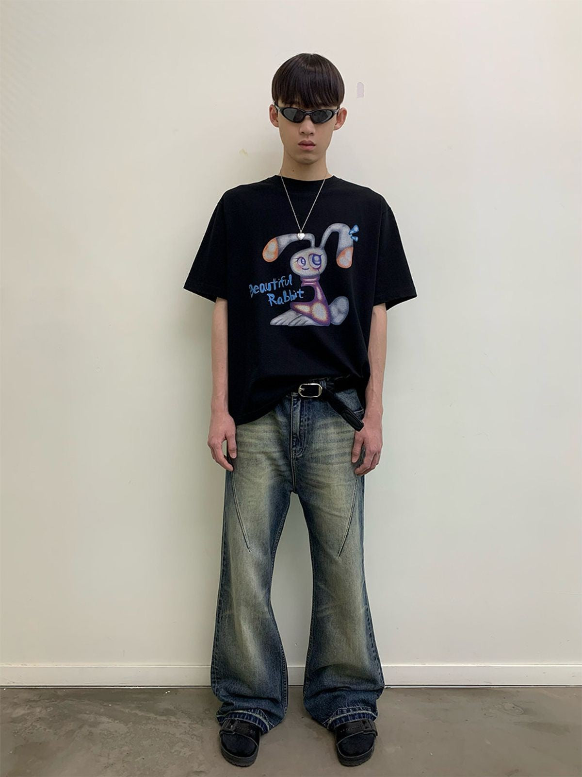 NeverSeez Yechan Jung Bunny Print T Shirt in Black - On Male Model