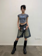 NeverSeez Lace Bow Graphic Baby Tee in Gray - On Model