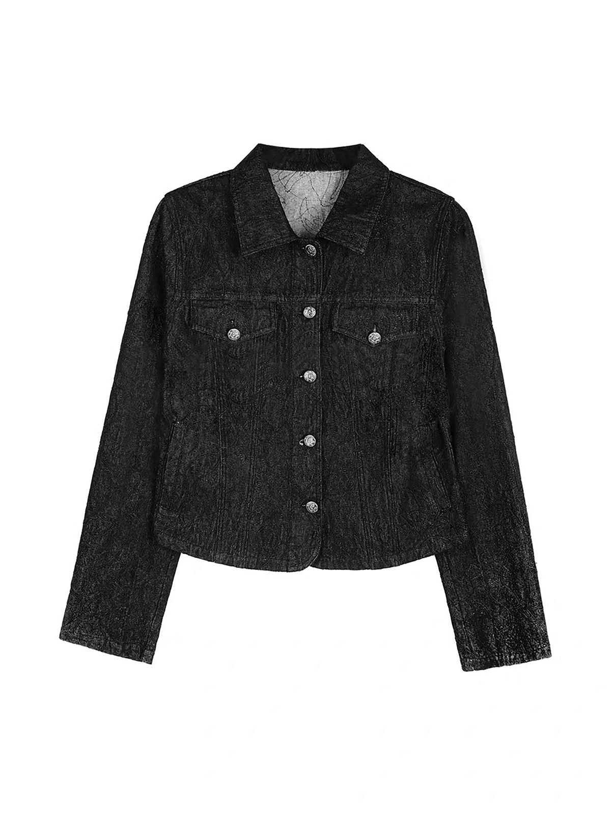 THELIGHT OFFICIAL Textured Cropped Denim Jacket in Black