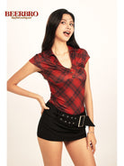 BeerBro Plaid V Neck Collared Top in Burgundy - On Model