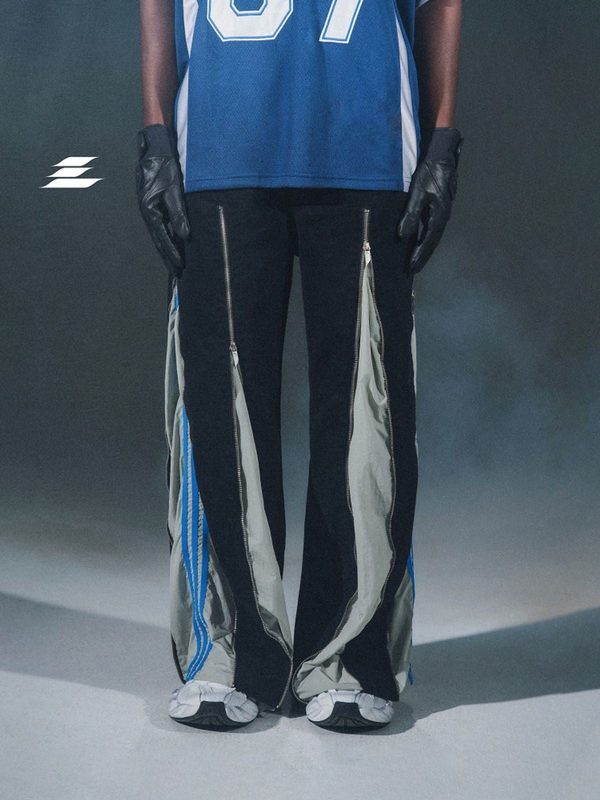 LOSTCTRL Deconstructed Zip Split Pants in Black - On Model