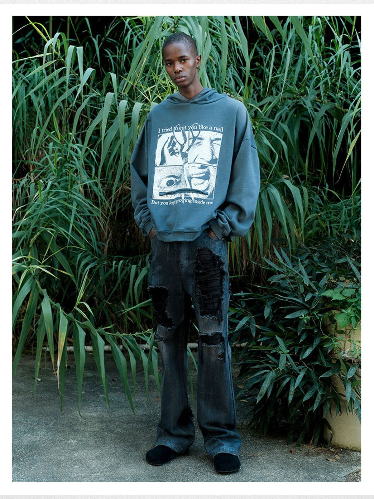 TRIANGLE PROJECT Heavyweight Distressed Graphic Hoodie in Gray - On Model