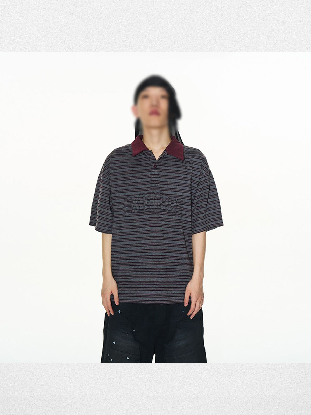 BLINDNOPLAN Striped Raw Edge Appliqu Polo in Gray - On Model