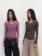 NeverSeez Spliced Neck Lyocell Blend Top in Purple - On Model