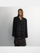 RandomPiece Raw Edge Collarless Boucl Blazer in Black - On Model