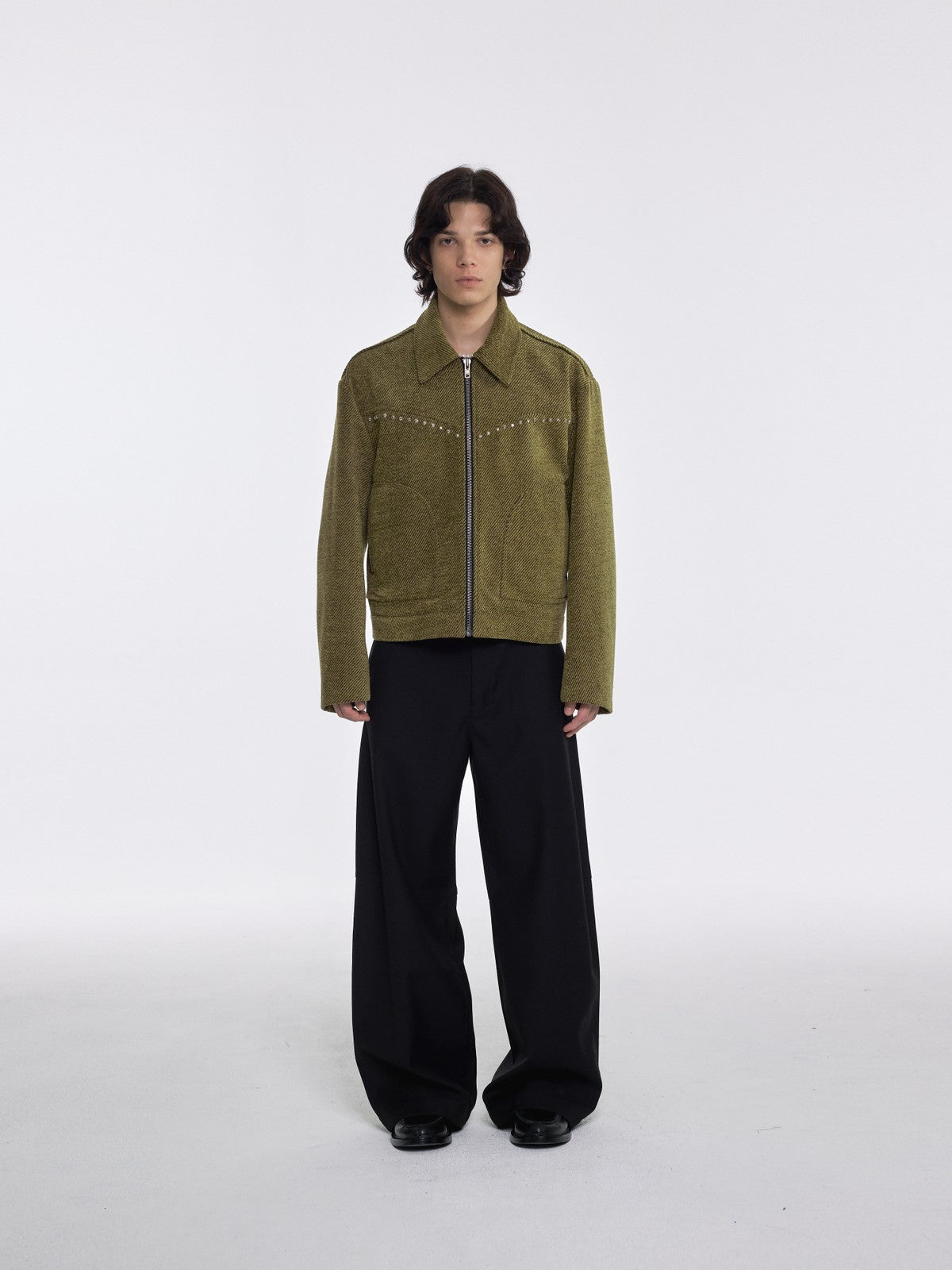 AFterTaste Studded Wool Blend Zip Jacket in Olive - On Model