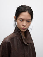 RandomPiece Oversized Distressed Lambskin Jacket in Coffee - On Model