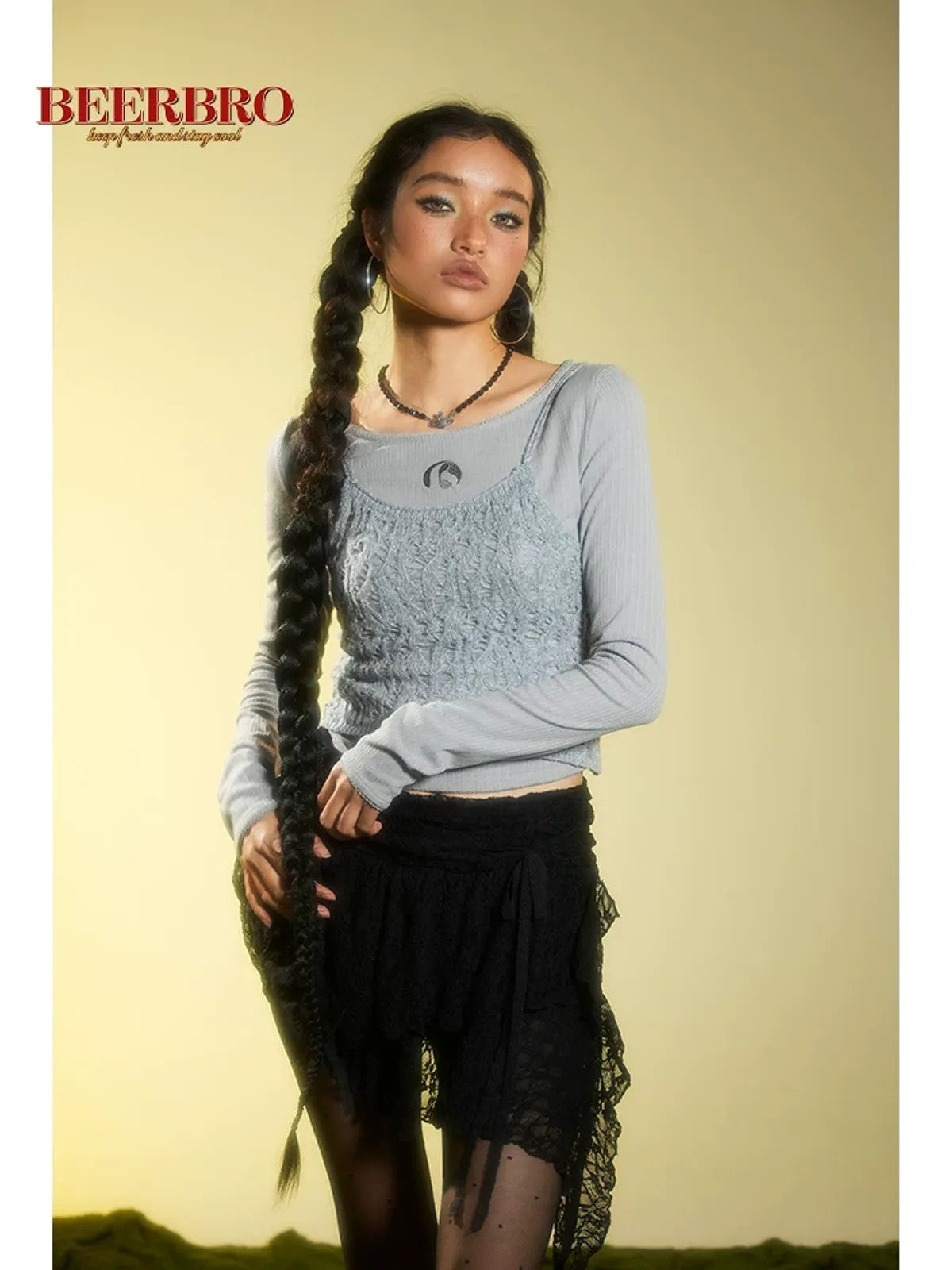 BeerBro Speckled Knit Camisole in Sky Blue - On Model