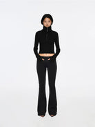 RARELY ALIKE Zip Up High Neck Wool Knit in Black - On Model