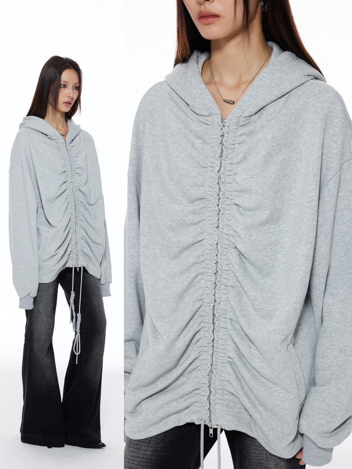 THELIGHT OFFICIAL Ruched Fleece Lined Zip Hoodie in Gray - On Model