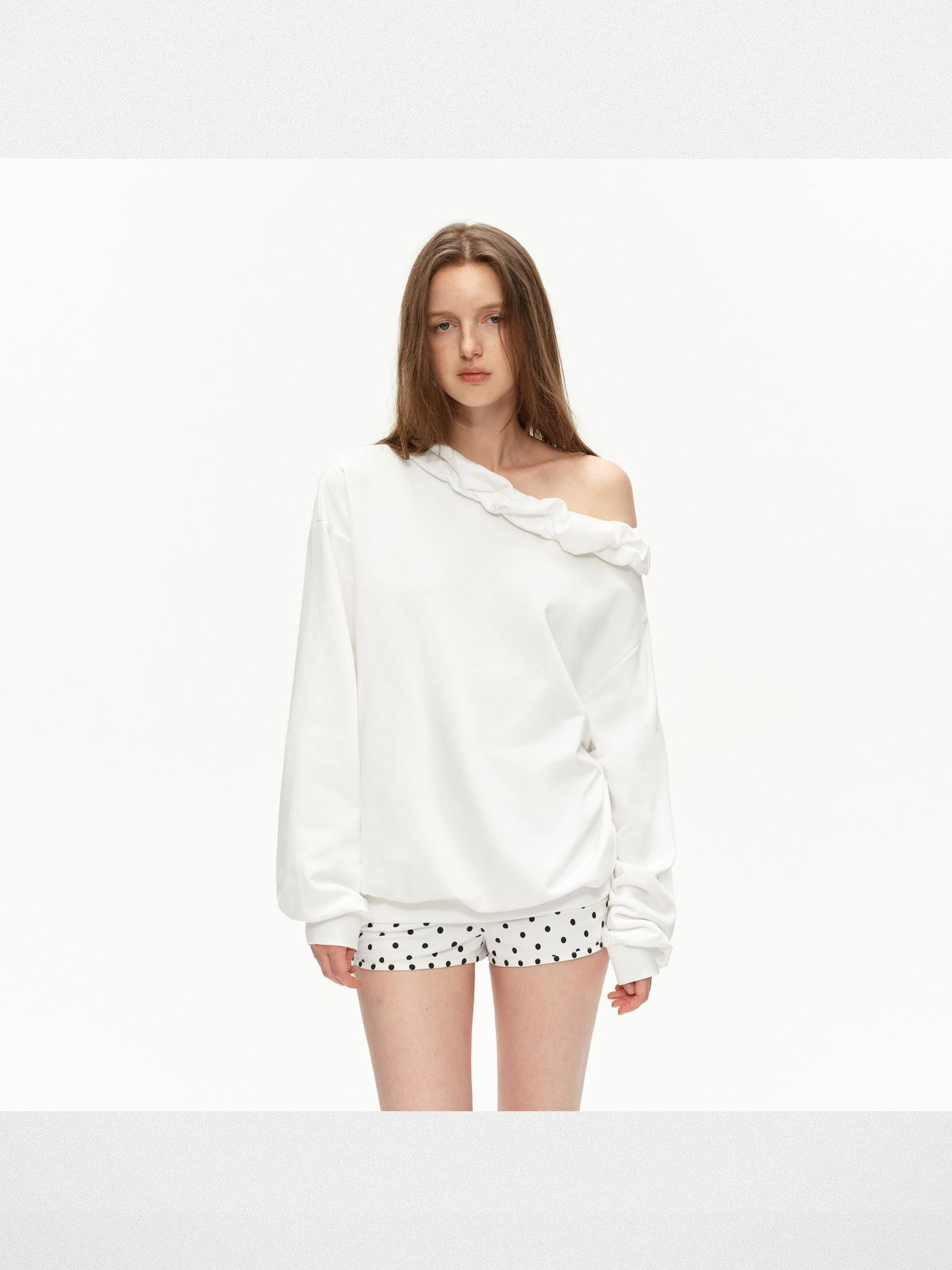 PUKI Twisted Trim Off Shoulder Sweatshirt in White - On Model
