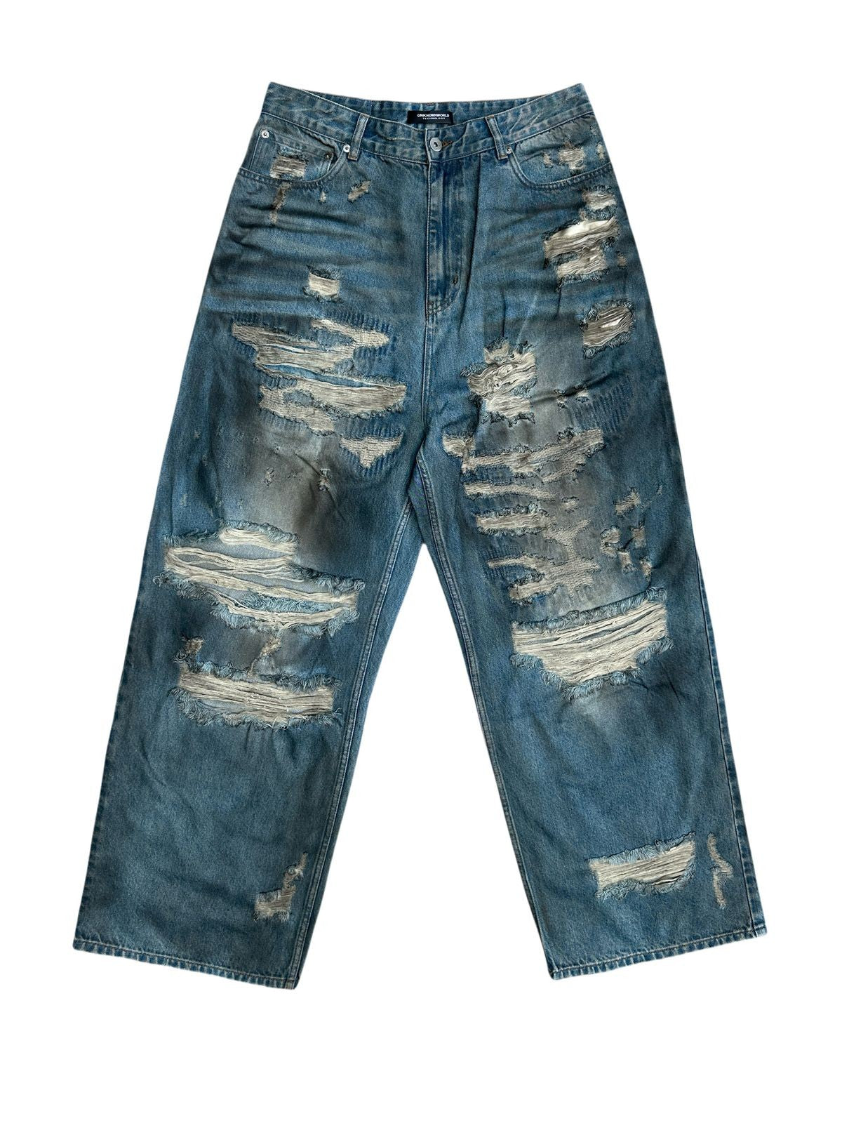 UNKNOWNWORLD Distressed Boro Mud Dyed Jeans in Denim