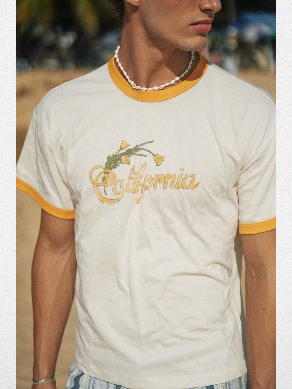 Retro 21 California Graphic Ringer T Shirt in Cream - On Model