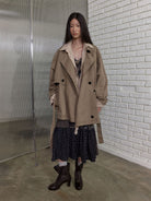NeverSeez Washed Layered Collar Short Trench in Khaki - On Female Model